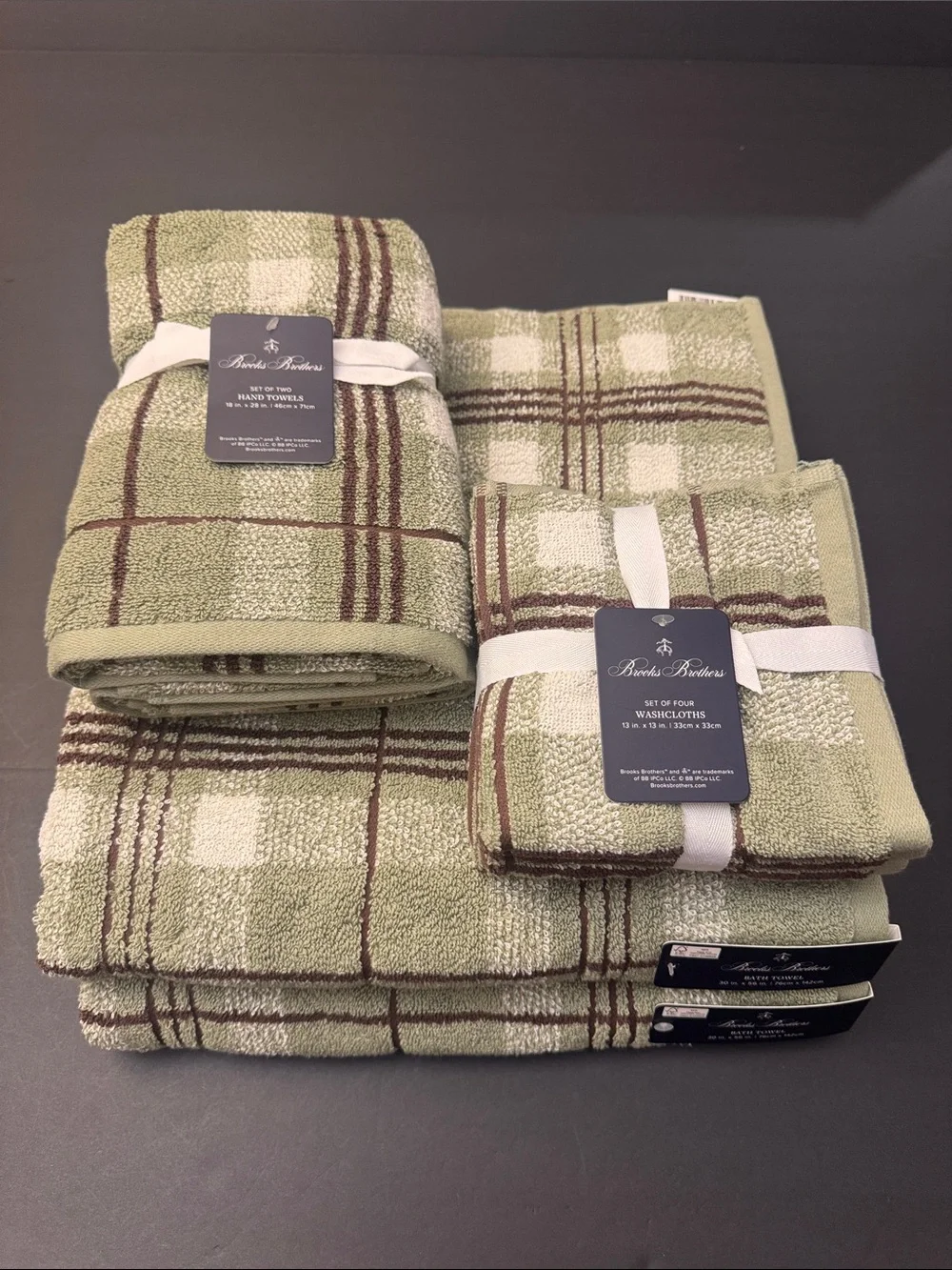 8pc BROOKS BROTHERS 100% Cotton Plaid Bath Towel Set - Sydney Plaid - Sage/Brown